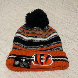 New Era NFL Bengals Orange and Black Striped Beanie w/ removable pom.